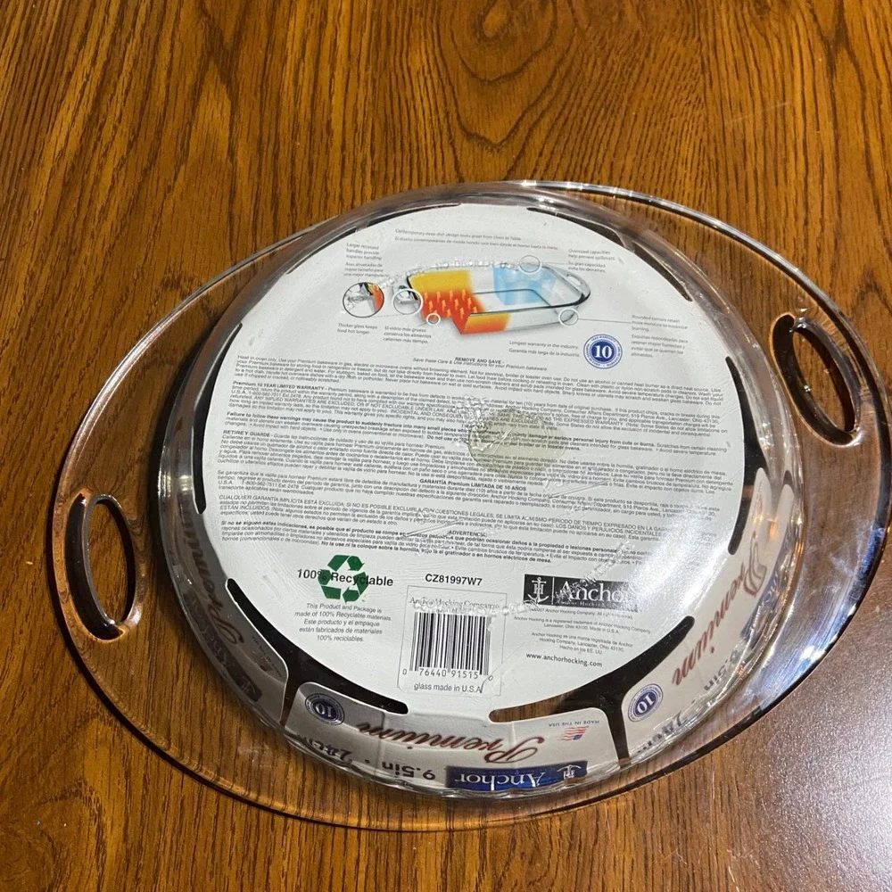 Anchor Hocking Premium 9.5in 24cm Glass Pie Dish with Handles CZ81997W7 USA Made